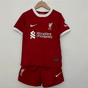 Novo Kit Infantil Liverpool 1 Vermelho Camisa e Short  2023 / 2024