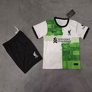 Novo Kit Infantil Liverpool 2 Branco E Preto Camisa e Short  2023 / 2024
