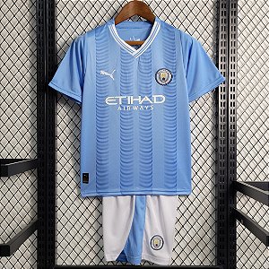 Novo Kit Infantil Manchester City 1 Azul Camisa e Short  2023 / 2024