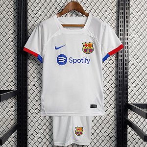 Novo Kit Infantil Barcelona 2 Branco Camisa e Short 2023 / 2024