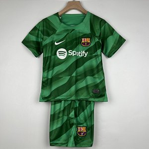 Novo Kit Infantil Barcelona Goleiro Verde Camisa e Short 2023 / 2024