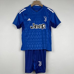 Novo Kit Infantil Juventus Goleiro Azul Camisa e Short  2023 / 2024