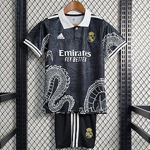 Novo Kit Infantil Real Madrid Edição Especial Preto Camisa e Short  2023 / 2024