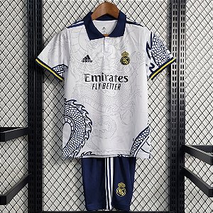 Novo Kit Infantil Real Madrid Edição Especial Branco Camisa e Short  2023 / 2024
