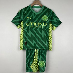 Novo Kit Infantil Manchester City Goleiro Verde Camisa e Short  2023 / 2024