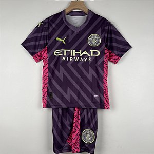 Novo Kit Infantil Manchester City Goleiro Roxo Camisa e Short  2023 / 2024