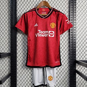 Novo Kit Infantil Manchester United 1 Vermelho E Branco Camisa e Short  2023 / 2024