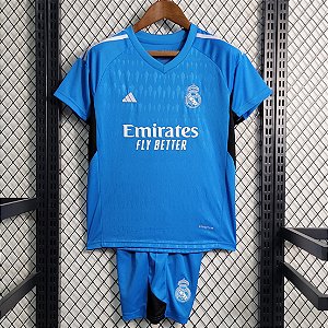 Novo Kit Infantil Real Madrid Goleiro Azul Camisa e Short 2023 / 2024