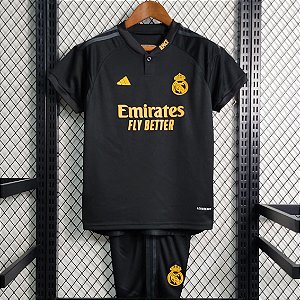 Novo Kit Infantil Real Madrid 3 Preta Camisa e Short 2023 / 2024