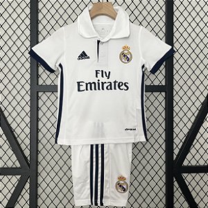 Kit Infantil Real Madrid 1 Retrô Camisa e Short 2016 / 2017