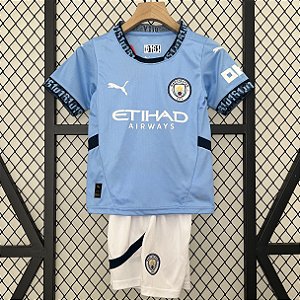 Novo Kit Infantil Manchester City 1 Azul Camisa e Short  2024 / 2025