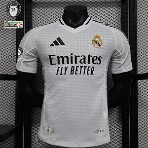 Nova Camisa Edição Jogador Real Madrid 1 Patch 15x Campeão Uefa Champions League Torcedor  Masculina 2024 / 2025
