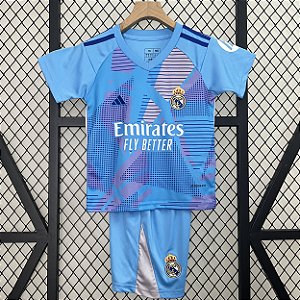 Novo Kit Infantil Real Madrid Goleiro Azul Camisa e Short  2024 / 2025