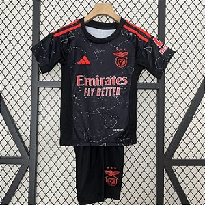 Novo Kit Infantil Benfica 2 Preto Camisa e Short 2024 / 2025