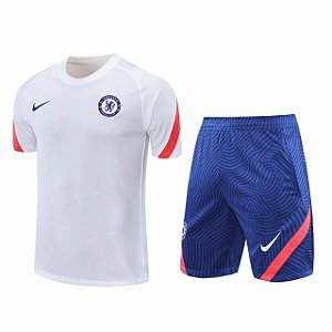 Conjunto Chelsea Treino Camisa Branca e Short Azul  2021