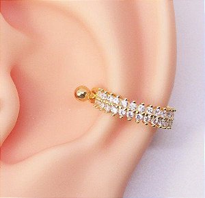 Piercing Orelha Folheado a Ouro 18k Cravejado Zircônia Duas Tiras