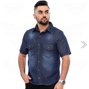 Camisa Jeans Masculina com 2 Bolsos Manga Curta - EWF Jeans - Azul Escuro