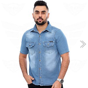 Camisa Jeans Masculina com 2 Bolsos Manga Curta - EWF Jeans - Azul Médio
