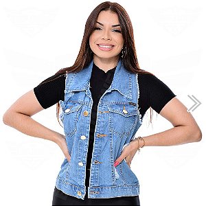 Colete Jeans Destroyed Feminino com Barra - EWF - Azul Claro
