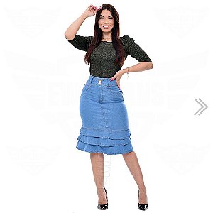 Saia Midi Jeans com 3 Babados - EWF Jeans - Azul Claro