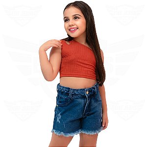 Short Jeans Feminino Infantil com Trança e Barra Desfiada - Azul Médio