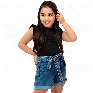 Short Jeans Infantil Juvenil com Cinto (Feminino / Menina) - EWF - Azul Médio
