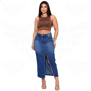 Saia Longa Jeans com Fenda Frontal - EWF Jeans - Azul Escuro