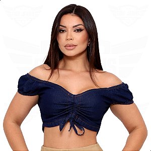 Blusa Top Jeans Tomara Que Caia Ombro a Ombro Zíper nas Costas - Azul Escuro