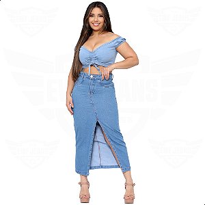Saia Longa Jeans com Fenda Frontal - EWF - Marmorizado