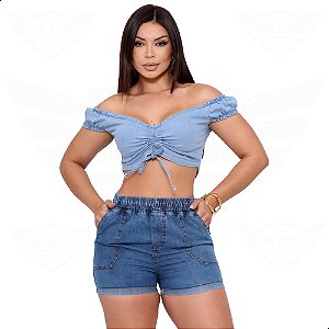 Short Jeans Feminino com Elástico na Cintura - Marmorizado