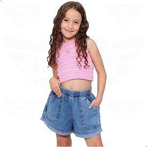 Short Jeans Feminino Infantil com Elástico na Cintura - Marmorizado
