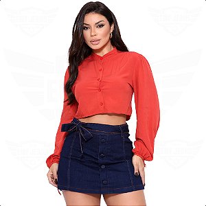 Short Mini Saia Jeans com Cinto e Botão Forrado - EWF -  Azul Escuro