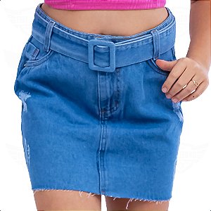 Mini Saia Jeans Infantil / Juvenil Destroyed com Cinto Forrado - Azul Claro