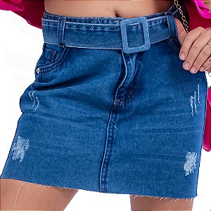 Mini Saia Jeans Infantil / Juvenil Destroyed com Cinto Forrado - Azul Médio
