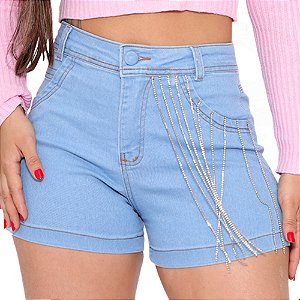 Short Jeans Feminino com Franja de Strass - EWF - Azul Claro