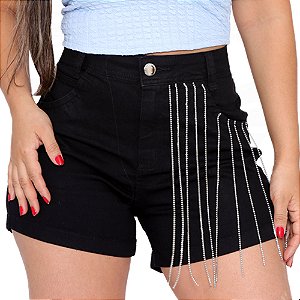 Short Jeans Feminino com Franja de Strass - EWF - Preto