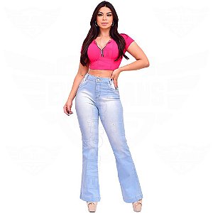 Calça Flare Jeans Feminina Levanta Empina / Bumbum Hot Pants - EWF Jeans - Azul Claro