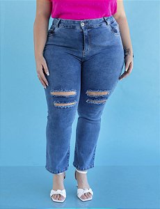Calça Jeans Plus Size Slim com Puídos Julia Plus