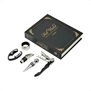 Kit Livro Vinho Luxo Abridor Saca Rolhas Tampa 05 Peças