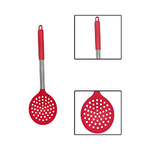 Escumadeira Silicone Cabo Aço Inox Vermelha Linha Facile