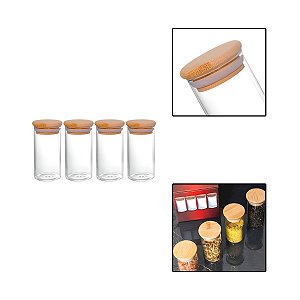 Kit 4 Potes Vidro Redondos Temperos Tampa Bambu 100ml