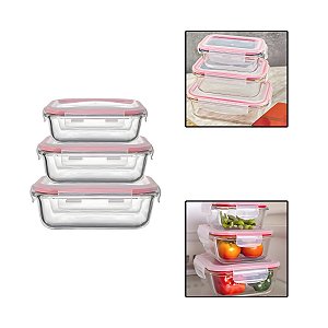 Kit 3 Potes Vidro Marmita Retangular Herméticos C/ Tampa