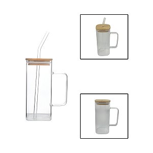 Caneca Quadrada Borossilicato Tampa Bambu Canudo Vidro 380ml