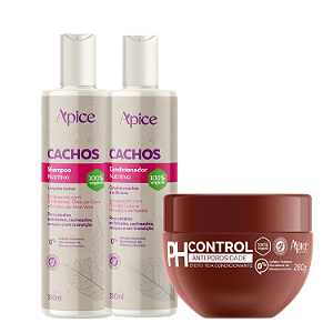 Kit Apice Shampoo e Condicionador Cachos + Máscara Acidificante PH Control - Tratamento Antiporosidade