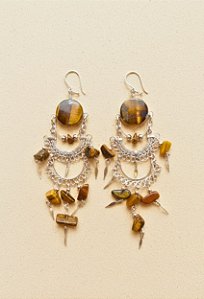 Brinco Hippie Artesanal de Alpaca com Pedra Olho de Tigre