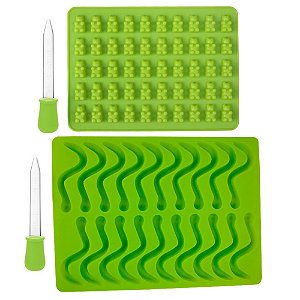 Kit com 2 Moldes de Silicone Bala de Gelatina Fini Minhoca e Urso Gummy com Conta Gotas