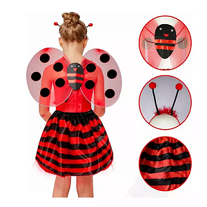 Fantasia Bug Joaninha C/ Asa Infantil Carnaval Festa Kit 4pç