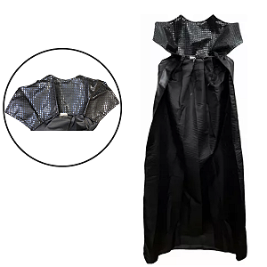 Capa Malévola Longa Cetim Gola Paete Fantasia Halloween Carnaval