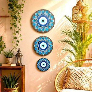 Trio Mandala Olho Grego 20cm, 30cm, 35cm Pintada à Mão