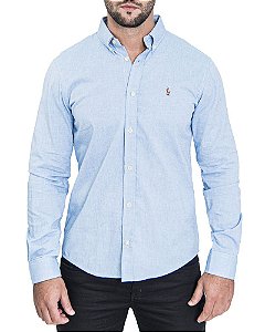 Camisa Ralph Lauren Social masculina Custom Fit Oxford Mescla Azul
